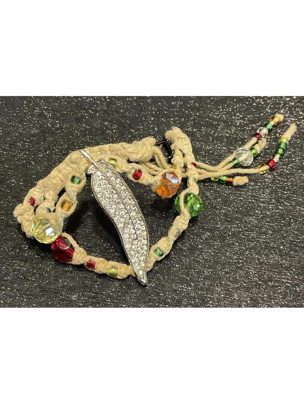 Silver Tone Bling Leaf Center Beaded Braided Bracelet # 161